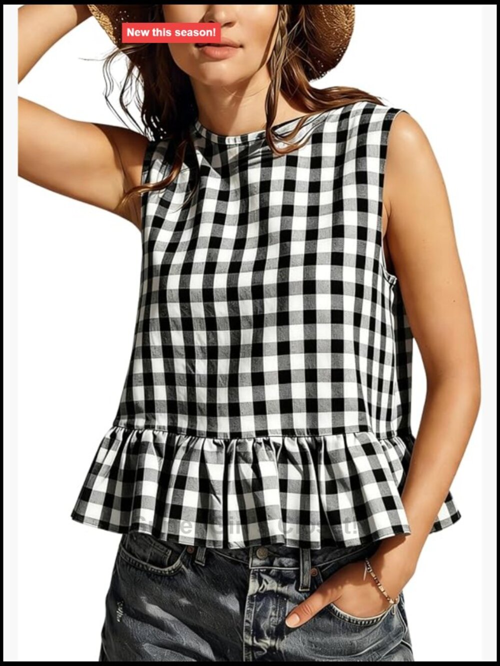 Women's Sleeveless Gingham Peplum Tank Top w/ Ruffle Hem & Back Buttons